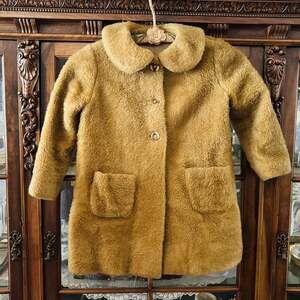 Vintage kid 1960s Mid-Century Caramel Bouclé Faux Fur Swing Coat